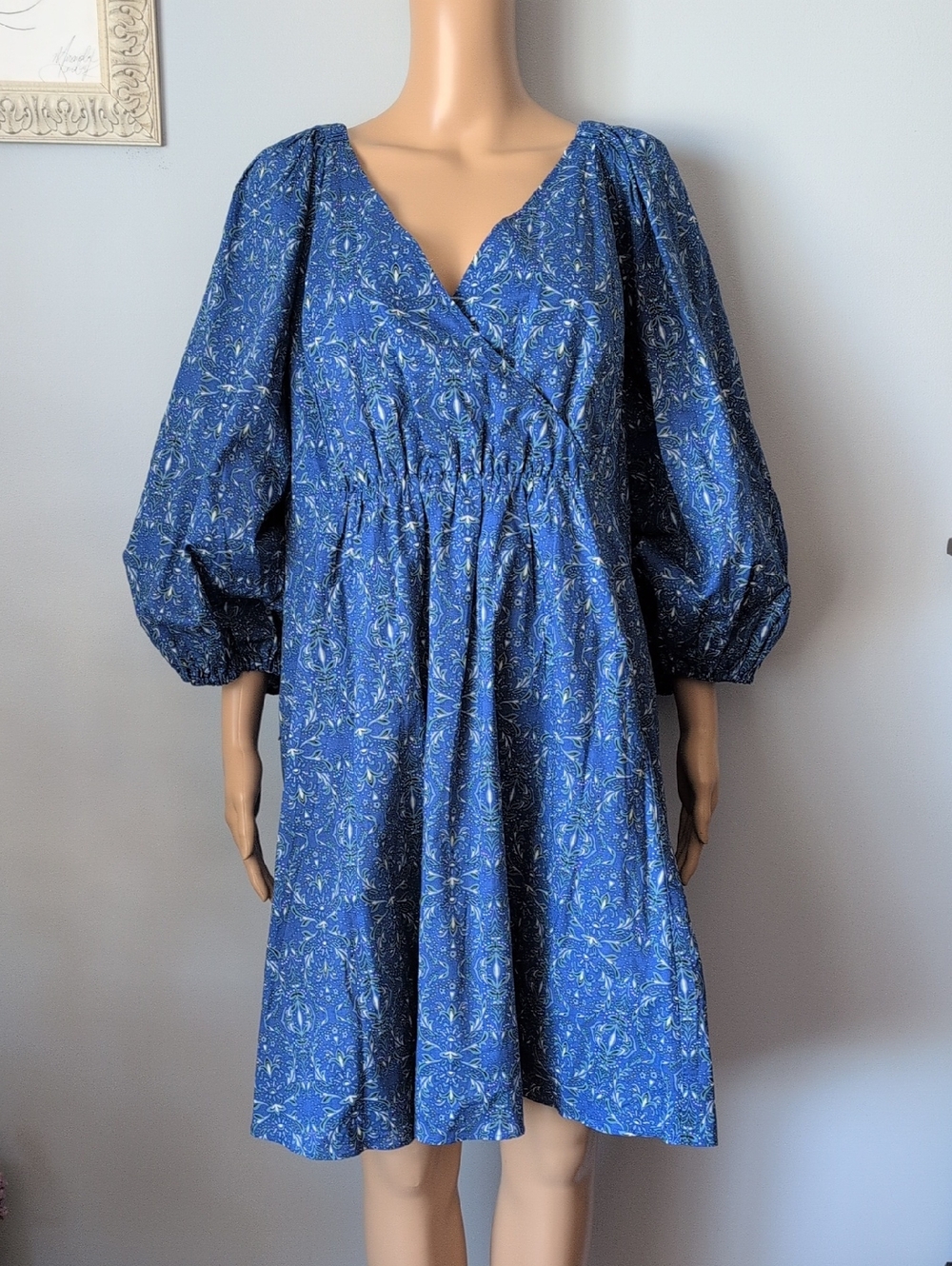 Boho Blue Cotton Floral Midi Dress Balloon Sleeve Cottagecore Romantic 2X - Picture 3 of 16